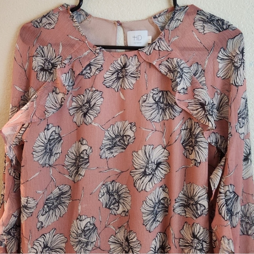 HD in Paris Anthropologie Floral Ruffle Bell Sleeves Pink Crepe Shift Dress - Picture 9 of 9